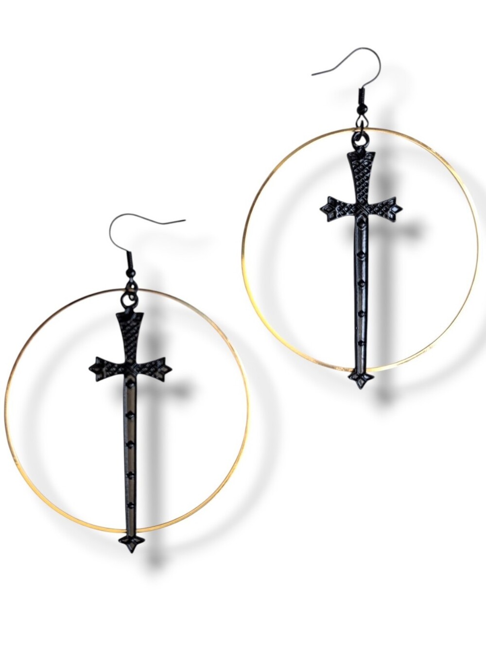 NWT Handmad Large Black Sword Gold Hoop Layered Earrings